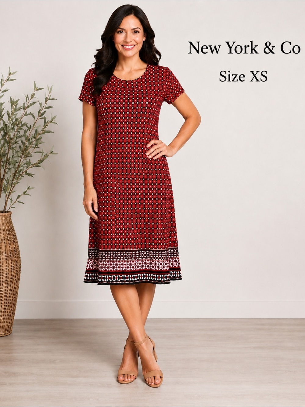 New York & Company Red Geometric Print Shift Dress Women’s Size XS